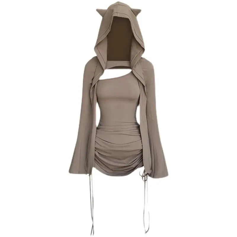 2024 women's clothing suit hot girl sexy hooded suspender skirt y2k autumn new pleated drawstring slim waist bag hip skirt