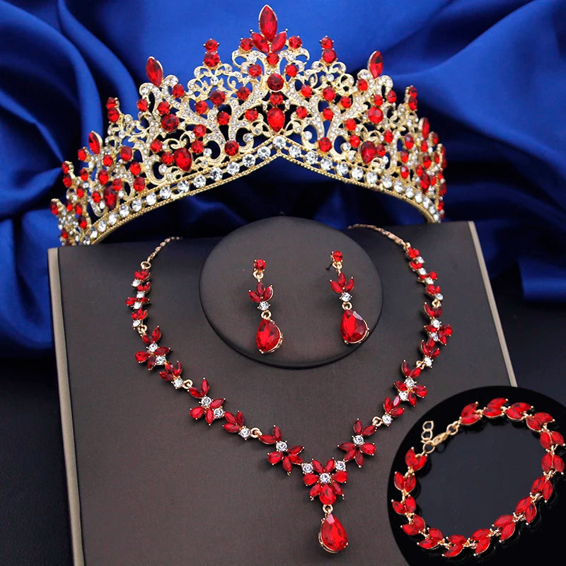 4 Pcs Lime Green Crown Jewelry Sets for Women Fashion Tiaras Bracelets Earrings and Necklace Sets Bride Wedding Prom Accessories