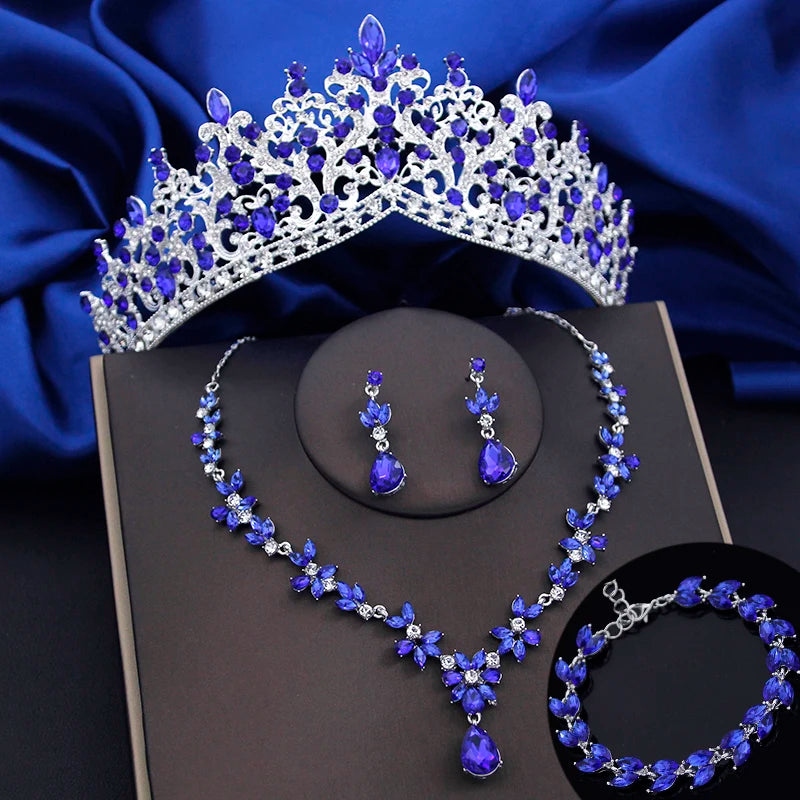 4 Pcs Lime Green Crown Jewelry Sets for Women Fashion Tiaras Bracelets Earrings and Necklace Sets Bride Wedding Prom Accessories