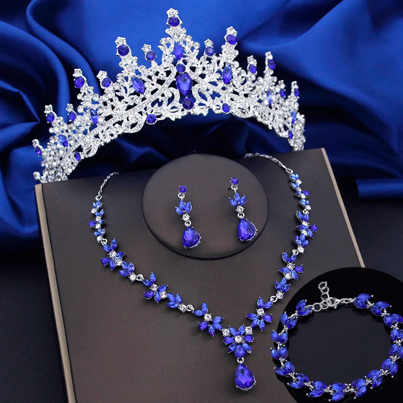 4 Pcs Lime Green Crown Jewelry Sets for Women Fashion Tiaras Bracelets Earrings and Necklace Sets Bride Wedding Prom Accessories