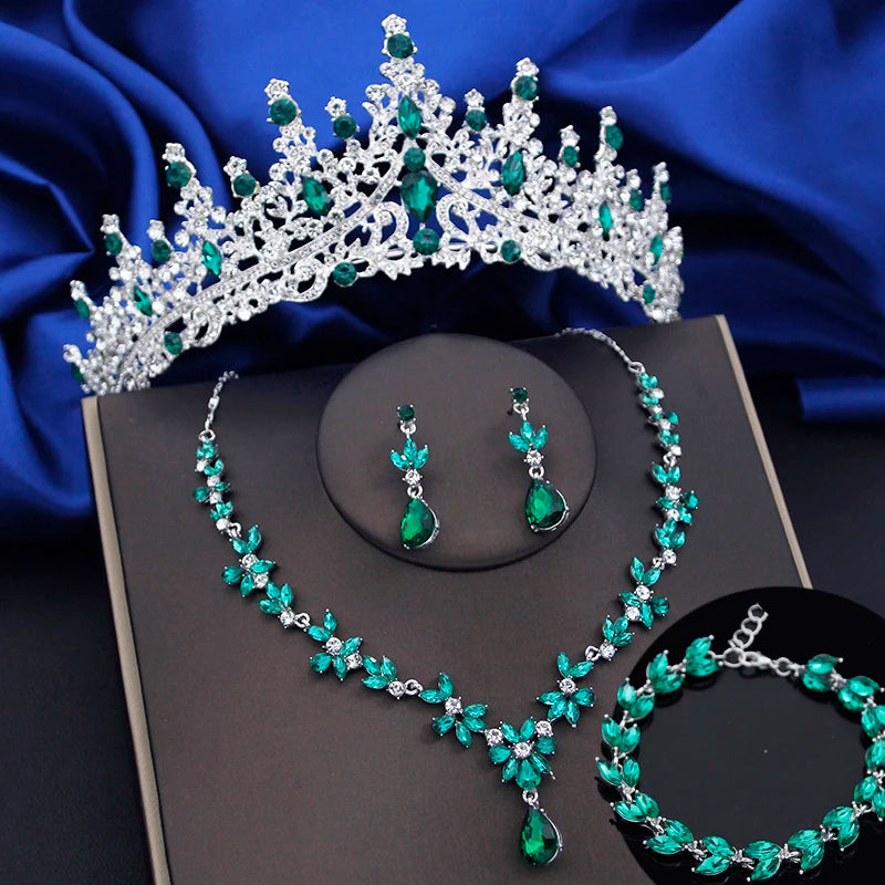4 Pcs Lime Green Crown Jewelry Sets for Women Fashion Tiaras Bracelets Earrings and Necklace Sets Bride Wedding Prom Accessories