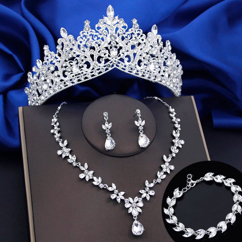 4 Pcs Lime Green Crown Jewelry Sets for Women Fashion Tiaras Bracelets Earrings and Necklace Sets Bride Wedding Prom Accessories