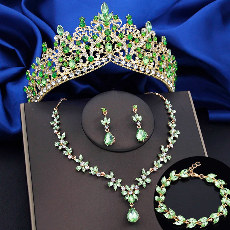 4 Pcs Lime Green Crown Jewelry Sets for Women Fashion Tiaras Bracelets Earrings and Necklace Sets Bride Wedding Prom Accessories